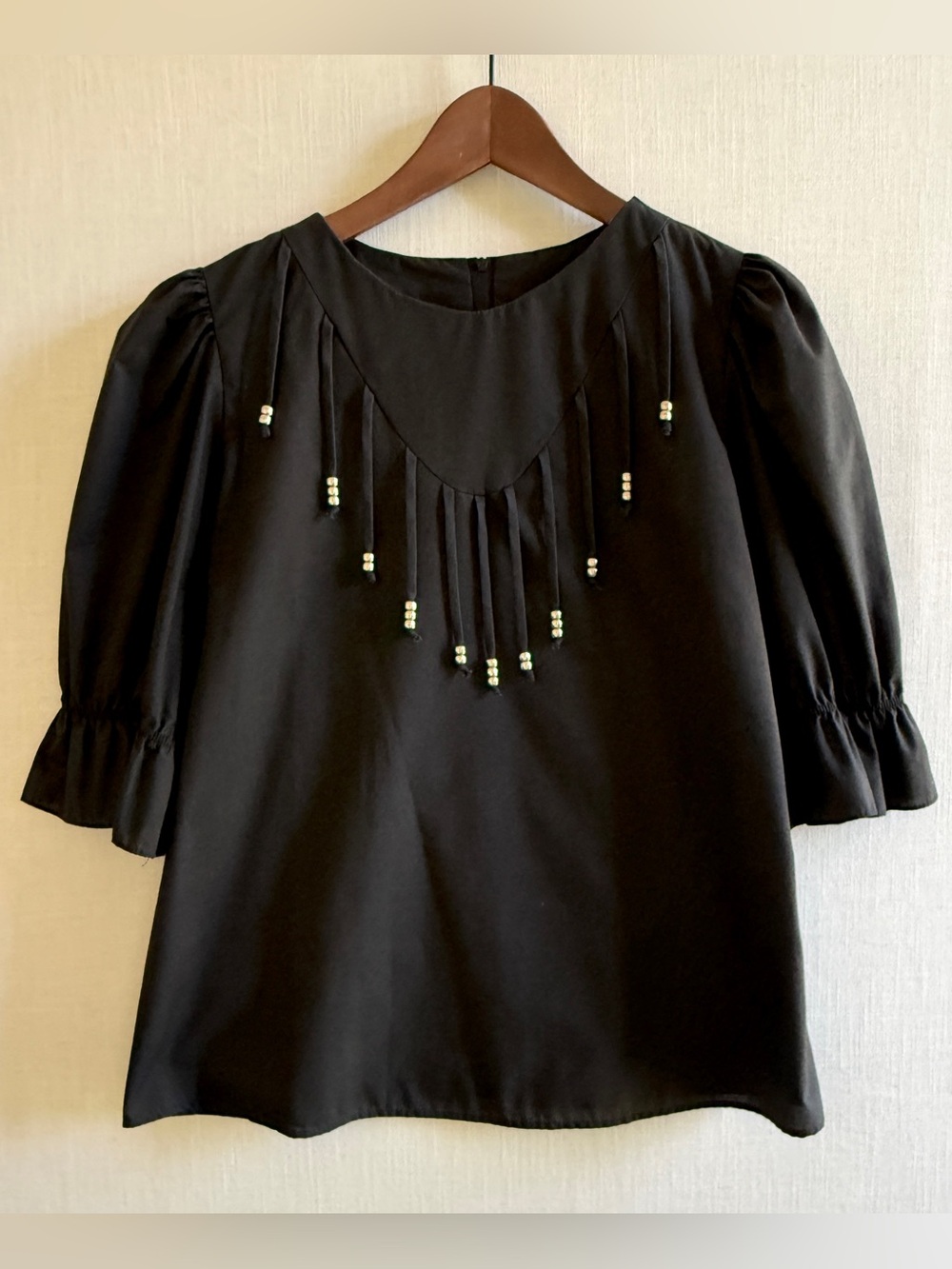 VTG Malco Modes Black Beaded Puff Sleeve Boho Blouse S